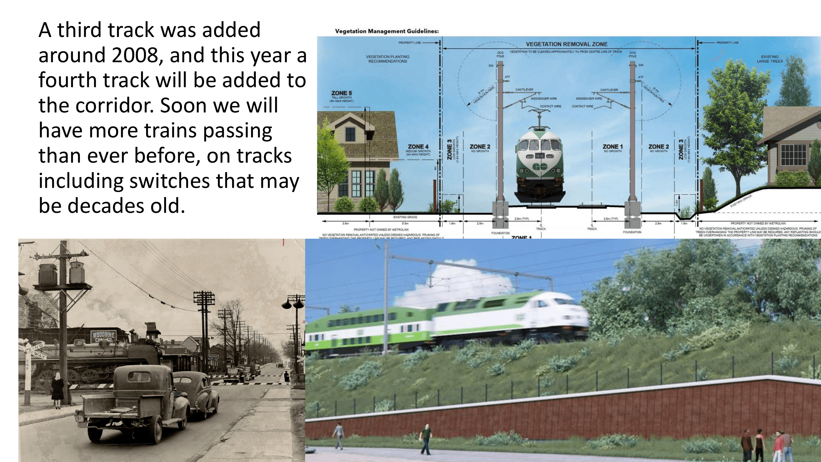 Railway expansion: a fourth track is being added to the corridor, with vegetation management zones and increased train frequency